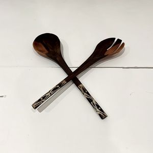 African Style Wooden Salad Servers, Utensil Set, Fork & Spoon
